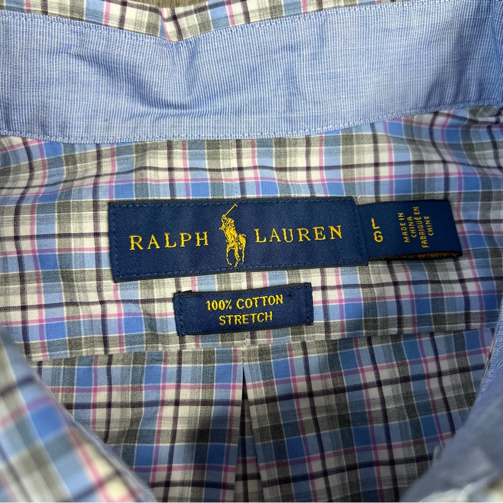 Ralph Lauren Button Up Shirt Cotton Stretch Blue White Checkered Pony Men’s L - Picture 3 of 8